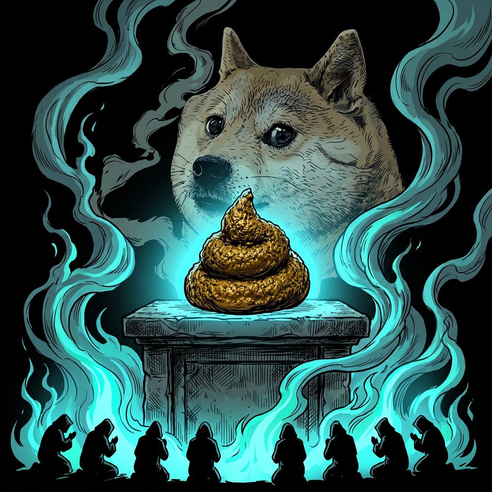 Hooded figures kneeling before a glowing turd on an altar