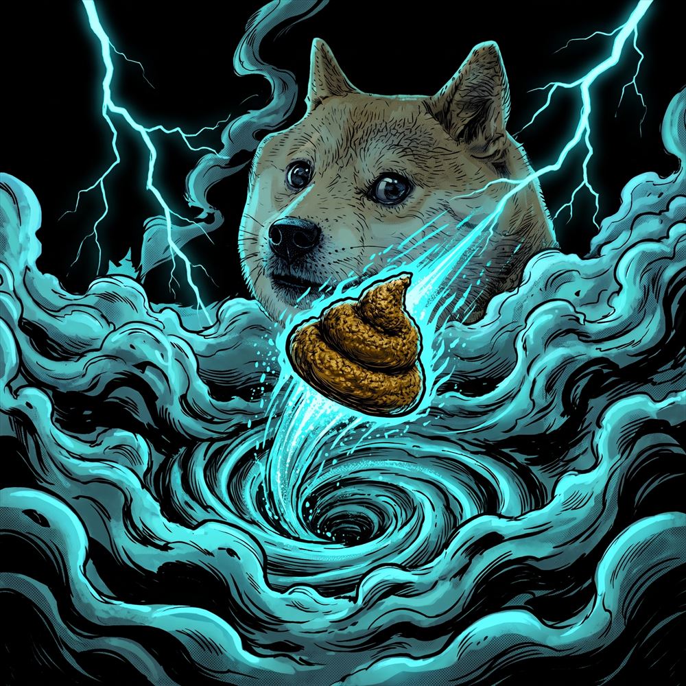 Golden turd spiralling into a glowing whirlpool under lightning