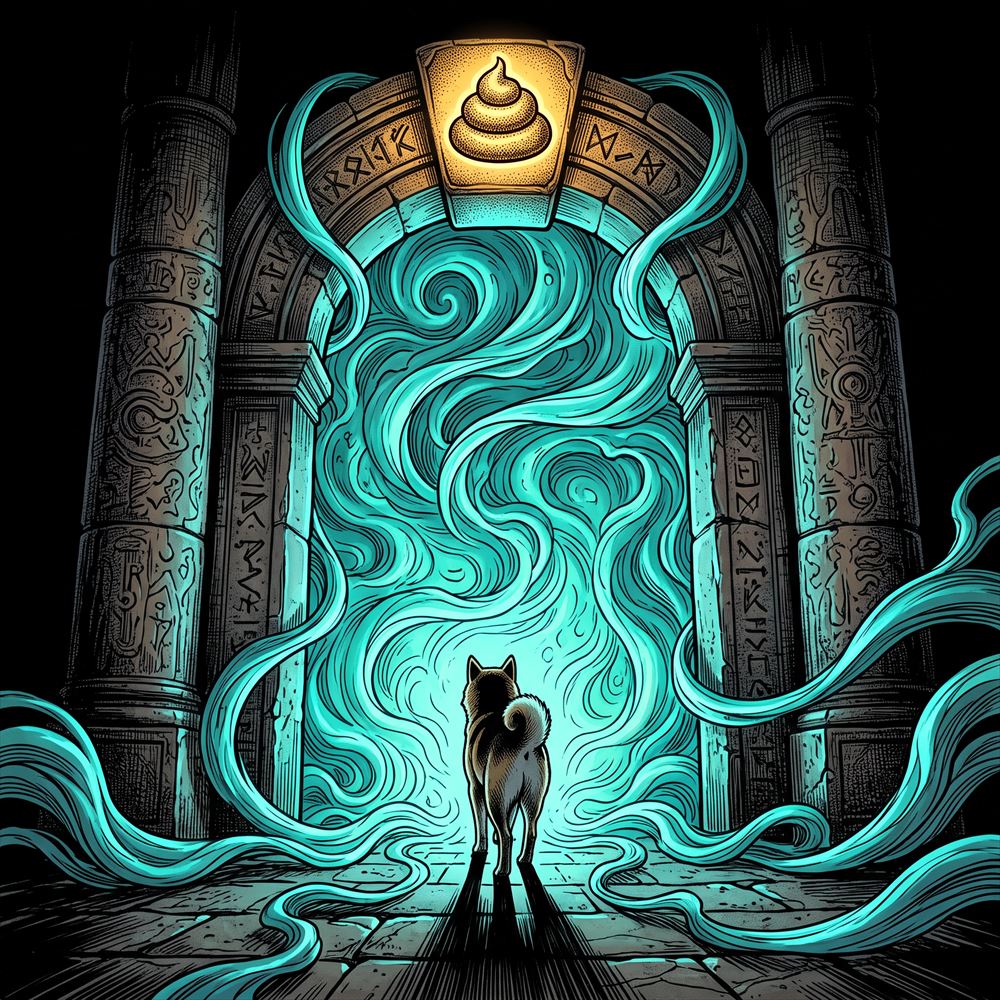 Shiba standing before a glowing rune gate crowned with a turd sigil