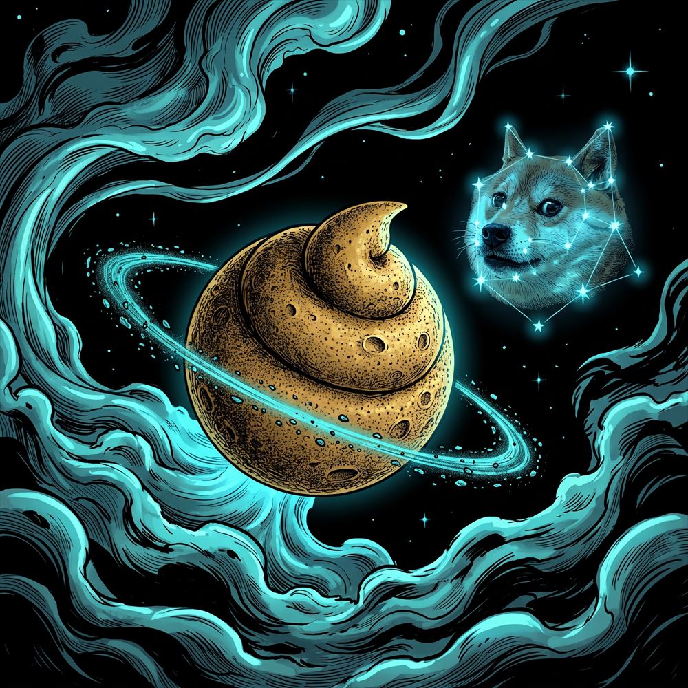 Ringed planet shaped like a turd beside a doge constellation