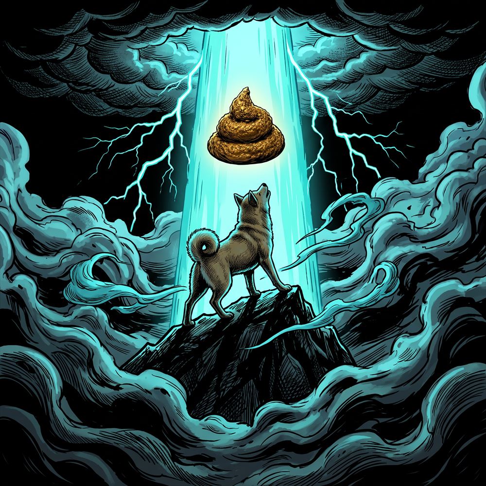 Shiba howling at a golden turd descending in a beam of light