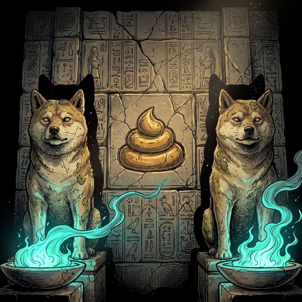 Two shiba statues guarding an ancient carved turd glyph