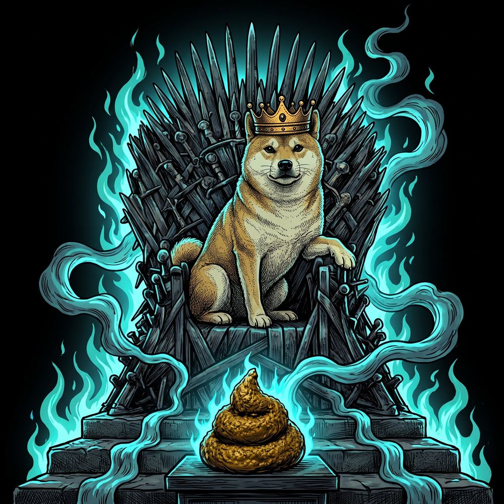 Crowned shiba sitting on a throne of swords above a golden turd